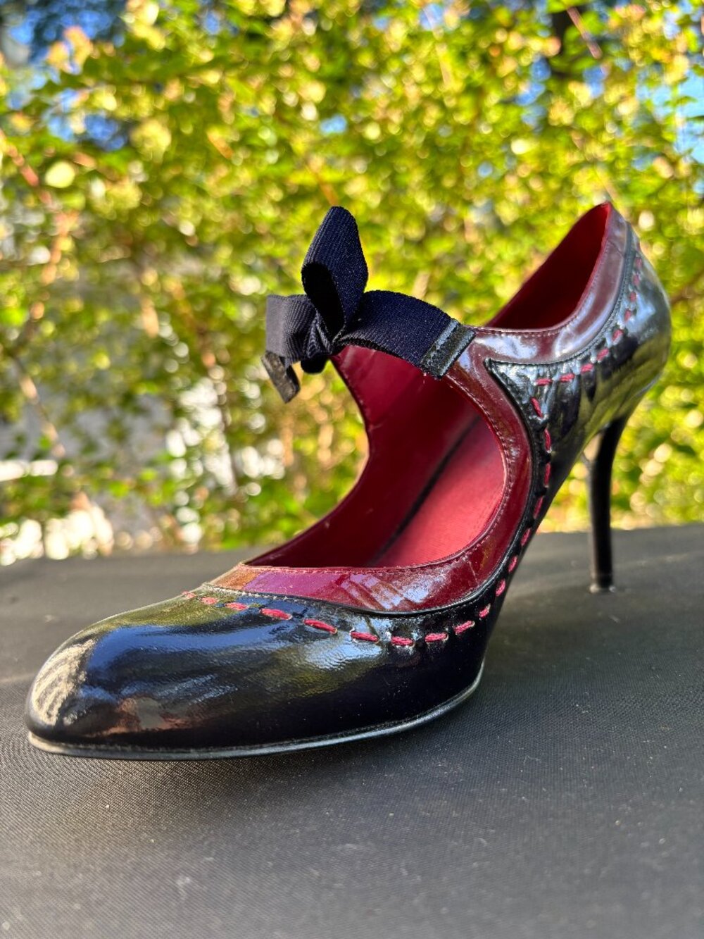 Enzo Angiolini Shoes Black Patent Leather Red Trim Navy Bow Sz 37.5